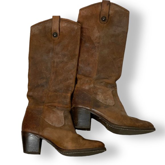Frye Leather Jackie Button Boots, Distressed, Brown Cowboy Size 6.5 Slim Shaft - Picture 1 of 8